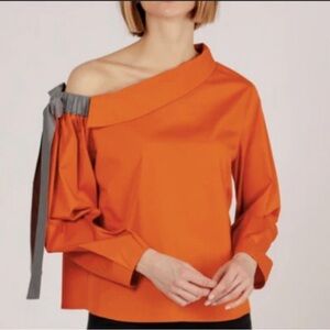 Harshman Blouse Liana Burnt Orange Tie Bow Off One Shoulder Poplin Fall Casual